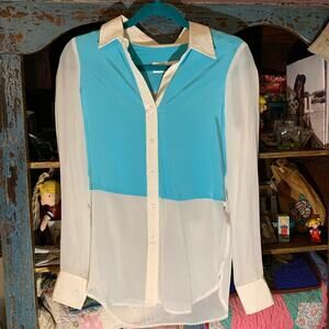 NEIMAN MARCUS $209 DESIGNER SILK COLOR BLOCK TURQUOISE WHITE BLOUSE XS